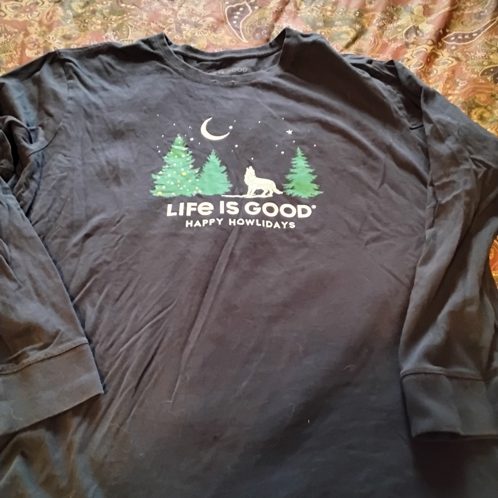 Life Is Good Black Long Sleeve Tee with Green Christmas Trees